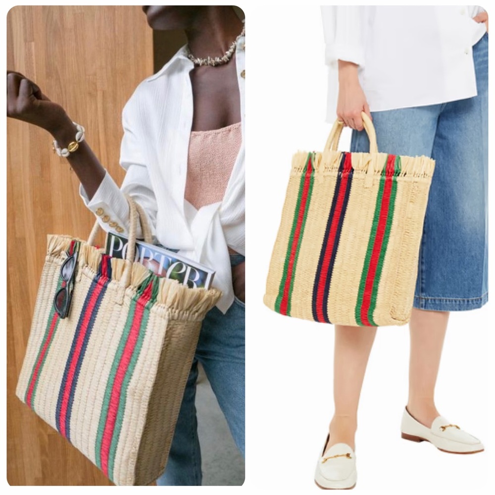 Gucci Web Woven Straw Tote Striped Straw Fringed 2018 runway beach bag